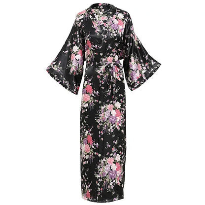 🍒Satin robe women plus size  with flowers peacock print kimono lounge gowns for women bride bridesmaid wedding bathrobe silky nighrwear Sittin' Satin Style