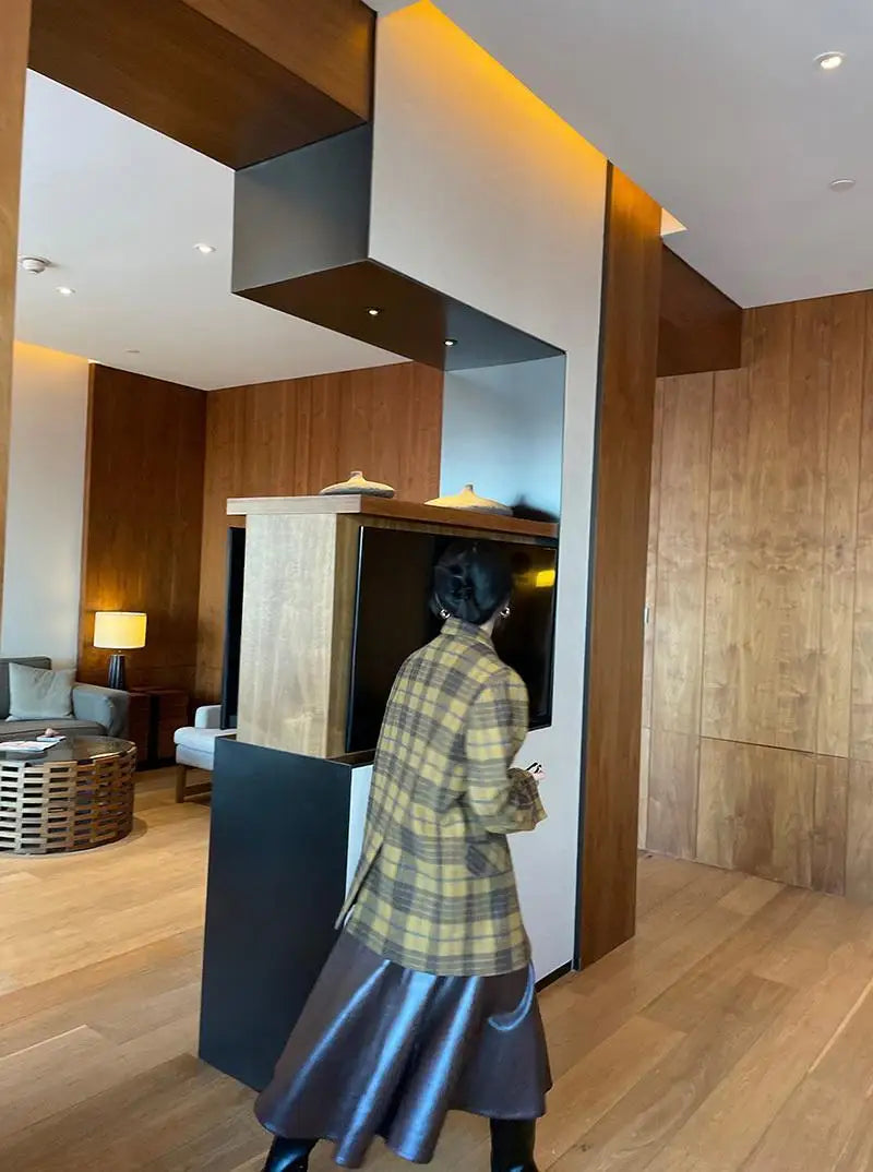 🍒Womens brown blazer vintage wool plaid Jacket autumn winter british style trendy eye catching yellow check coat long sleeve female smart casual clothing Chunky Check Charm