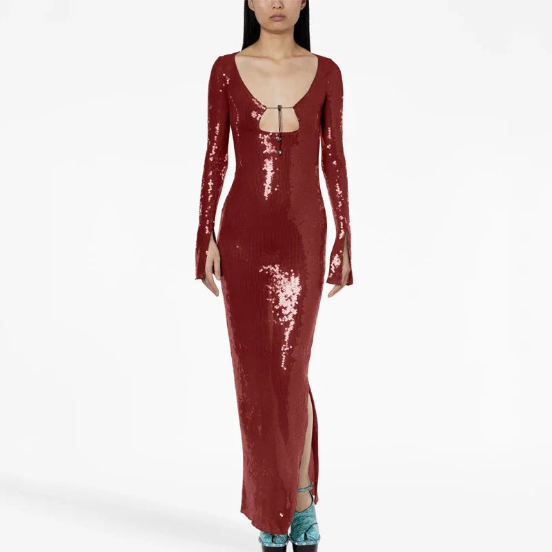 🍒V Neck sequin maxi dress long sleeve sequin bodycon celebrity night gown womens party outfit Be The Jewel In Your Own Crown