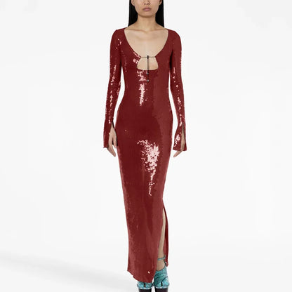 🍒V Neck sequin maxi dress long sleeve sequin bodycon celebrity night gown womens party outfit Be The Jewel In Your Own Crown