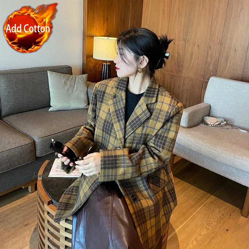 🍒Womens brown blazer vintage wool plaid Jacket autumn winter british style trendy eye catching yellow check coat long sleeve female smart casual clothing Chunky Check Charm