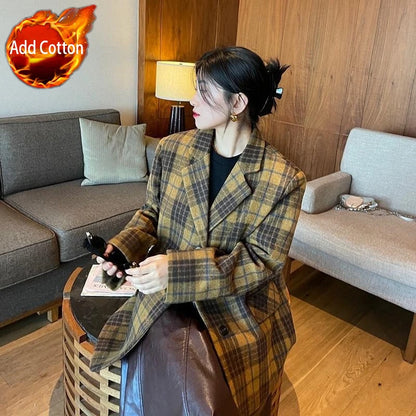 🍒Womens brown blazer vintage wool plaid Jacket autumn winter british style trendy eye catching yellow check coat long sleeve female smart casual clothing Chunky Check Charm