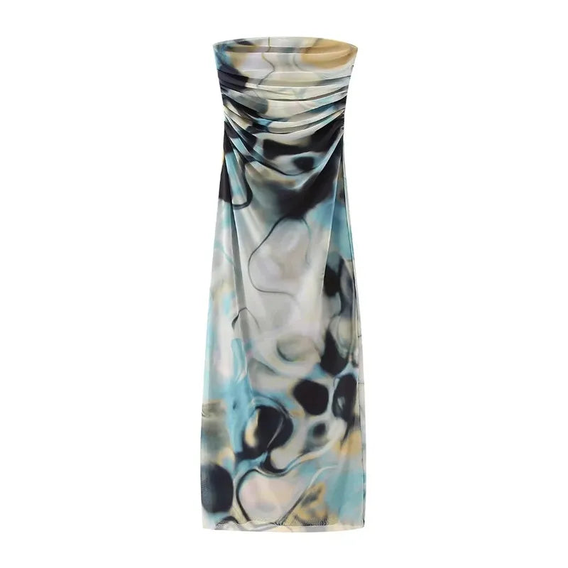 🍒Shoulderless corset dress long printed outfit for women ruched midi summer dress mesh bodycon fill Up On Full flower Fashion