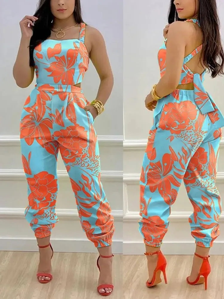 🍒Summer printed jumpsuit backless with straps fashion sleeveless one piece casual wear womens romper outfit with bows pocket trousers Overall Colourful Cool