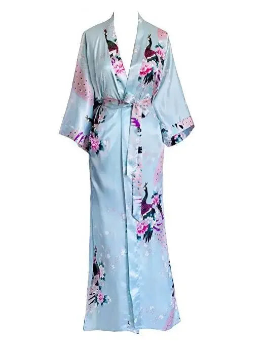 🍒Satin robe women plus size  with flowers peacock print kimono lounge gowns for women bride bridesmaid wedding bathrobe silky nighrwear Sittin' Satin Style