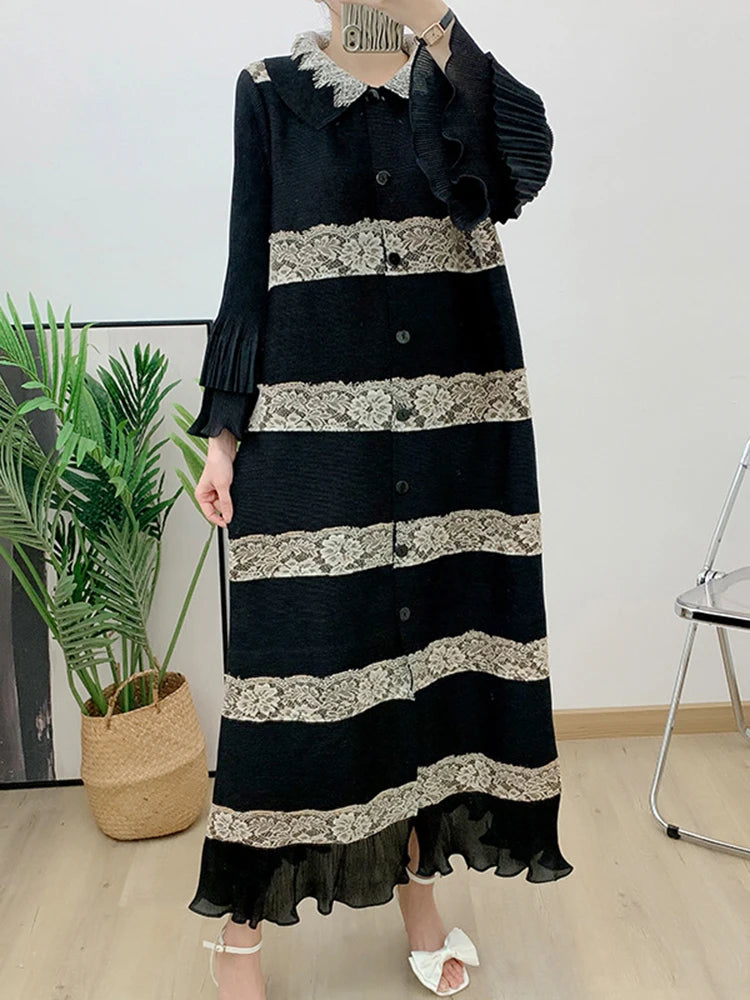 🍒Pleated lace dress with lapels flared sleeve single breasted outfit long elegant midaxi fashion wears smart casual clothing women partywear occasion wear
