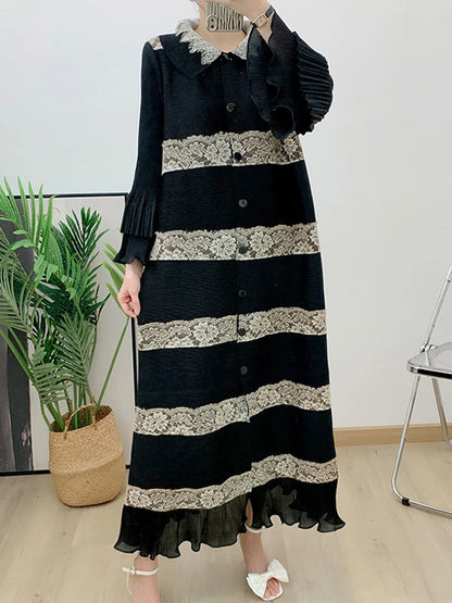 🍒Pleated lace dress with lapels flared sleeve single breasted outfit long elegant midaxi fashion wears smart casual clothing women partywear occasion wear