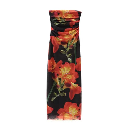 🍒Shoulderless corset dress long printed outfit for women ruched midi summer dress mesh bodycon fill Up On Full flower Fashion