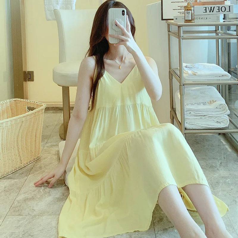 🍒Sleeveless night dress for Women breathable viscose cotton camisole nightie floral  night dress loungewear summer wear holidaywear nightwear Fresh Florals