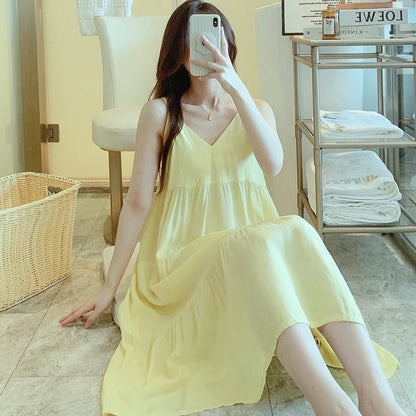 🍒Sleeveless night dress for Women breathable viscose cotton camisole nightie floral  night dress loungewear summer wear holidaywear nightwear Fresh Florals