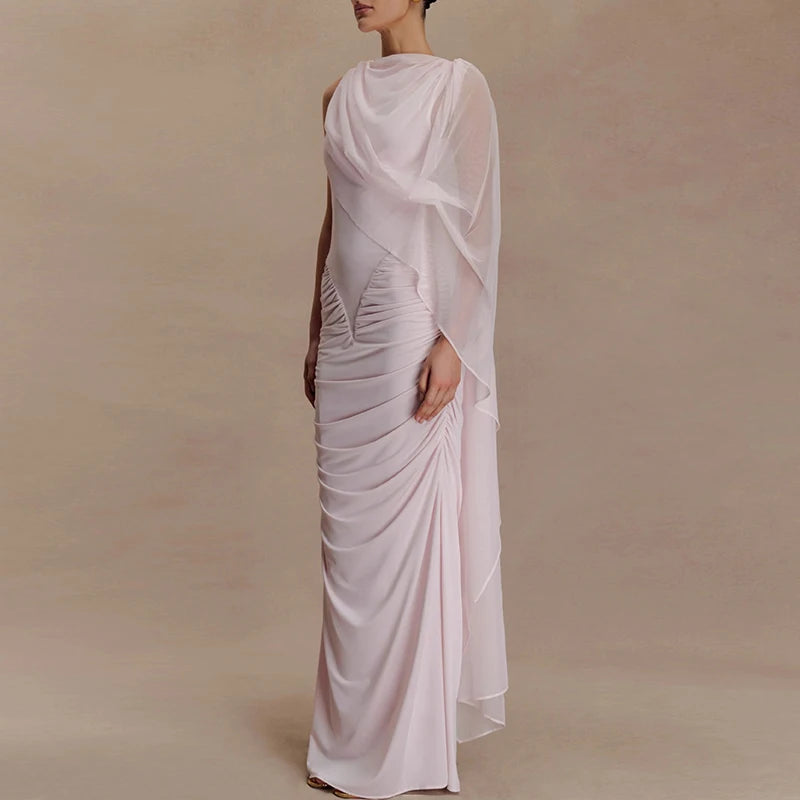 🍒Mesh draped dress solid color outfits o/neck high waist chiffon evening gowns occasion wear maxi shawl dress  Rome-mantic