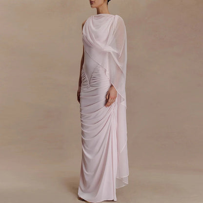 🍒Mesh draped dress solid color outfits o/neck high waist chiffon evening gowns occasion wear maxi shawl dress  Rome-mantic