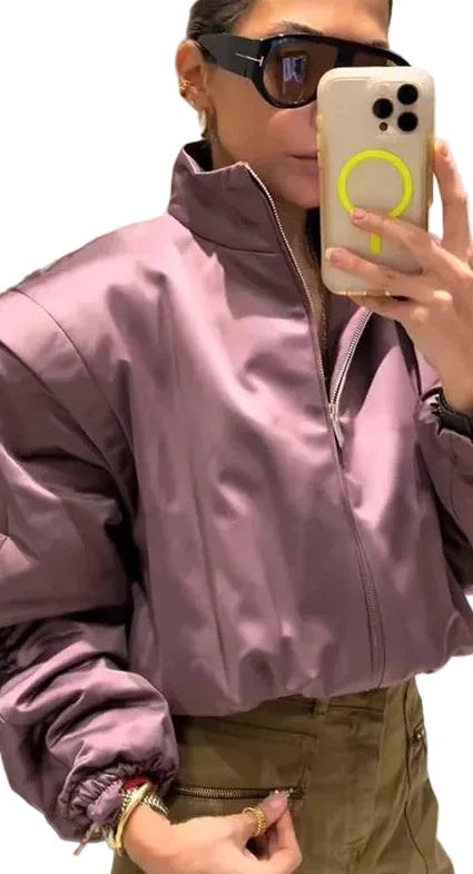 🍒Long sleeve bomber jacket women zipper with stand collar outerwear short casual coat solid chic female sateen clothing fashion   Get Into Mauve