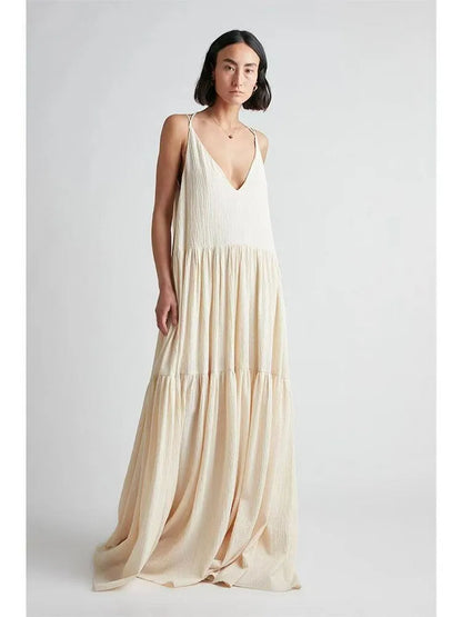 🍒Womens casual long dresses spring double v neck backless summer dress loose sling outfit beach wear holiday wear maxi fashion Fashionably Fancy