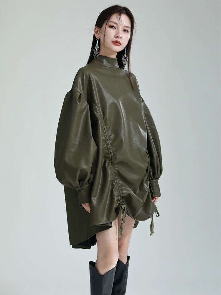 🍒Womens leather top drawstring turtle neck oversize jacket spring autumn fashion long sleeve outwear top smart casual clothing Get Looks In A Leather Look