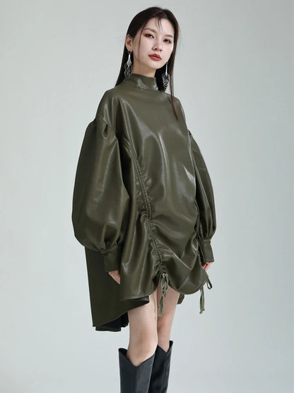 🍒Womens leather top drawstring turtle neck oversize jacket spring autumn fashion long sleeve outwear top smart casual clothing Get Looks In A Leather Look