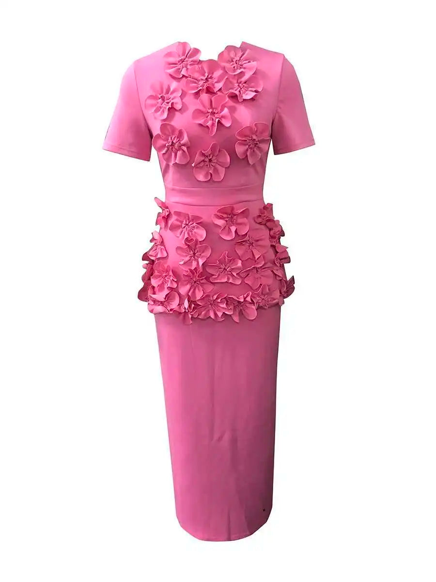 🍒Solid 3D flower two piece set applique outfits for women o-neck short sleeve top and high waist skirt sets feminine clothing fashion wear Blamange in Beauty