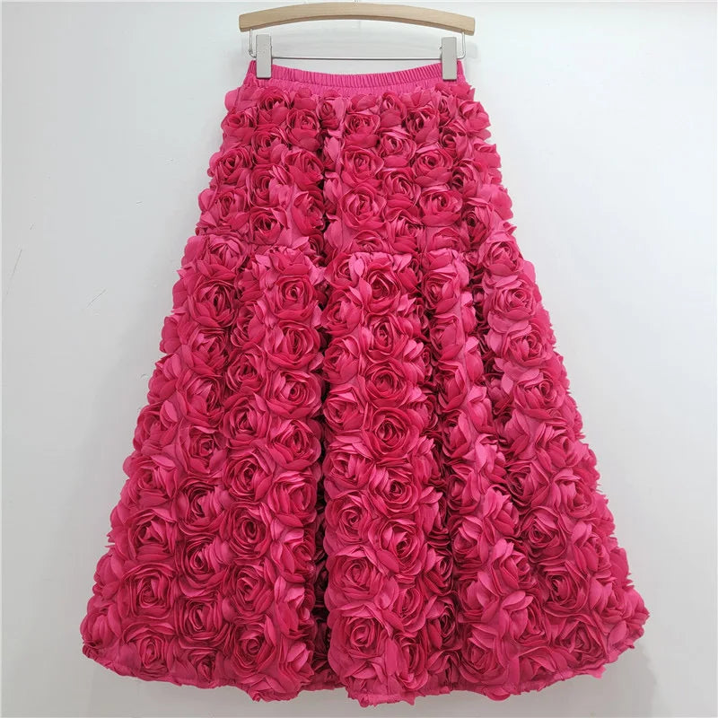 🍒3D flower skirt versatile flower mid-calf a-line fashion wear for women high waist big swing feminine outfit occasion wear party wear chic floral high waist a-line sweet solid colour clothing Pick This Rose And Put It In Your Basket