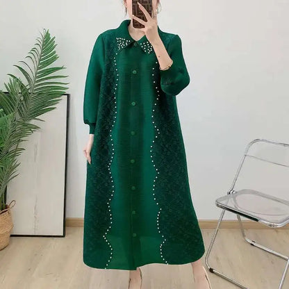 🍒Pleated dress for women spring  high-end occasion wear lapel coat outfit loose beaded long sleeve maxi elastic female fashion 6R5109