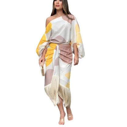 🍒Summer dress two piece set printed lantern sleeve top women with tassel hem and fitted a-line skirt smart casual wear party occasion outfit No Tossling With This Tassel