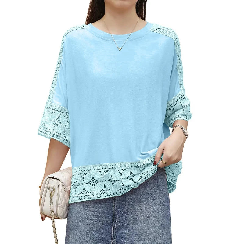 🍒Lace top women summer blouses short sleeve casual tees female tshirt solid color tunic oversized smart casual wear