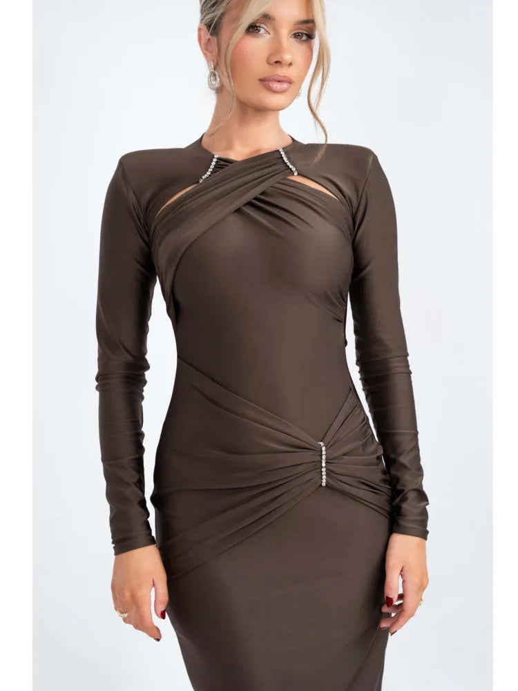 🍒Elastic evening dress for party wear fitted bright occasion outfits with diamonds women long sleeve bodycon maxi dress for clubbing