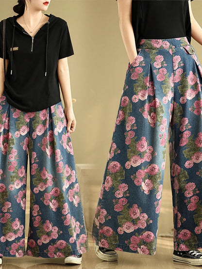 🍒Wide leg jeans loose elastic high waisted printed denim jeans for women summer wide leg trousers ladies Jeans plus size Toss On Your Tough Petals