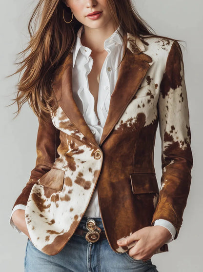 🍒Casual Jacket for women  fashion brown animal print long sleeve jacket lapel styles and stand up collar slim blazer suits smart casual Cute Cow