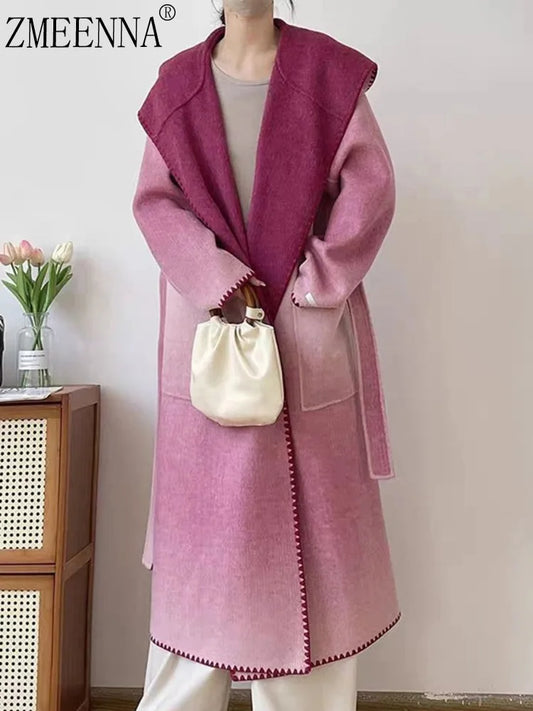 🍒Pink wool mix coat with hood and belt stylish winter overcoat colourful modern fashion coat smart casual outerwear women Look Candy In Floss Wool