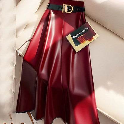 🍒Red pu skirt high end goddess fashion a-line leather midi mid length umbrella skirt occasion party wear Get A Little Bottle with A Burgundy