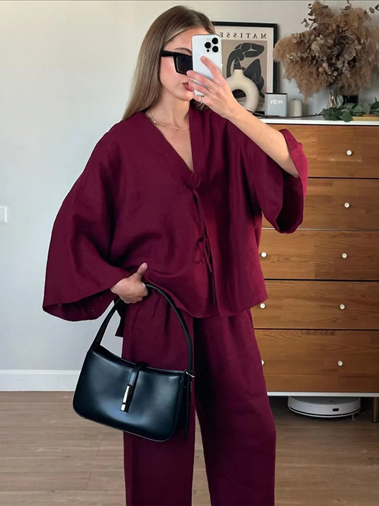 🍒Summer fashion outfits chic brown cotton linen lace up shirt suits casual v- neck long sleeves loose pants set lady Dont Get Browned Off With Uncomfy Clothes Get Some Chocholate And Relax