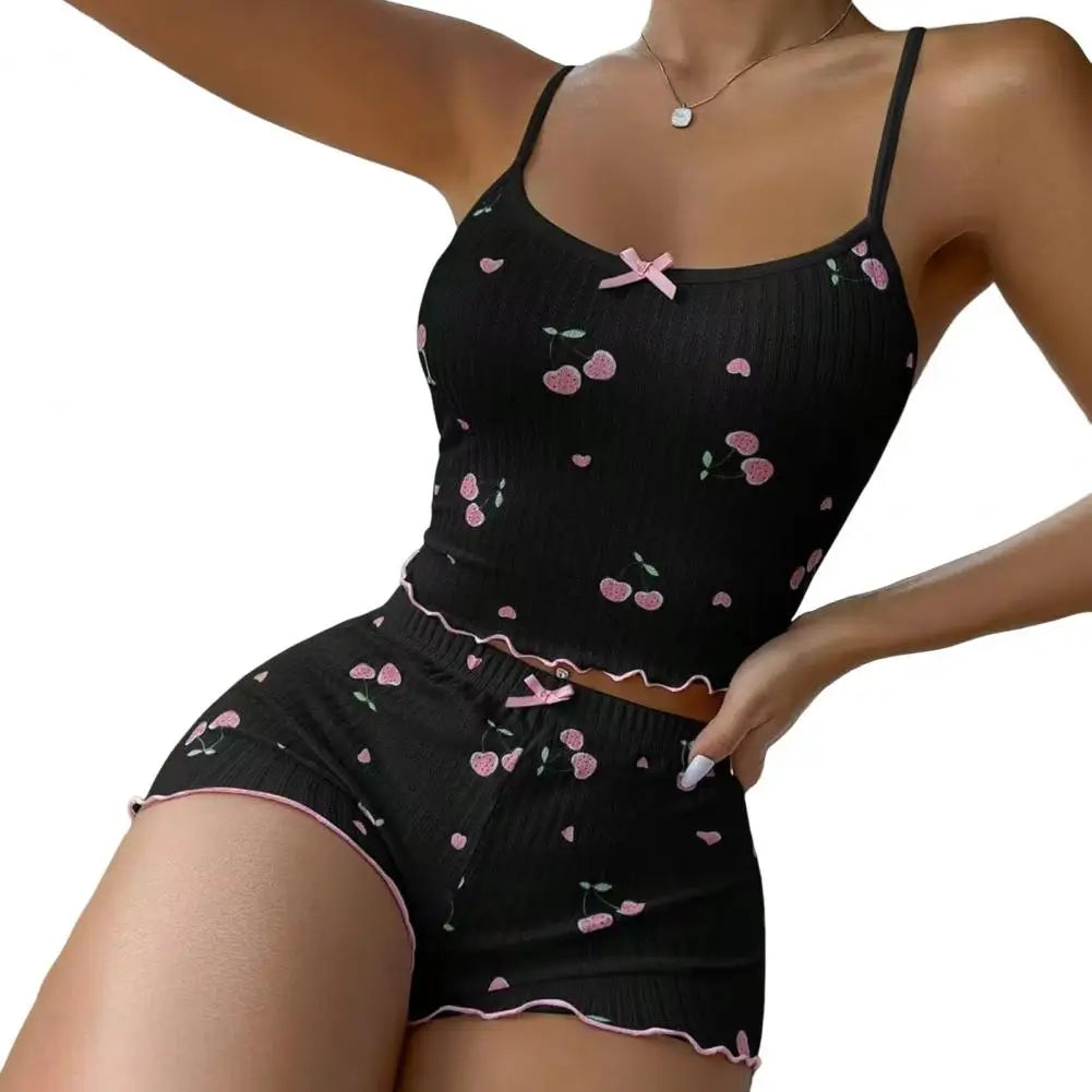 🍒Women vest and shorts set with bow cherry print sphagetti strap top and sleep shorts high waisted loungewear cami set outfit summer sleepwear don't Get SHORT on SLEEPWEAR wear