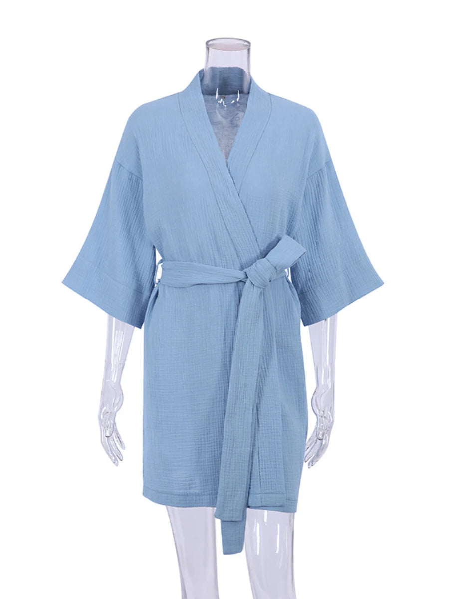 🍒Cotton short dressing gown womens solid colour bathrobe short sleeve loose nightwear casual female nightgown Get Wrapped Up In A Shortie