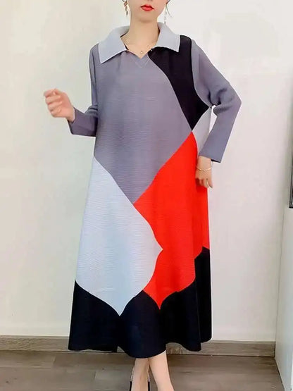 🍒Pleated dress long sleeves colour block outfit midi womens summer loose fashion autumn Clothes smart casual wear Diamond Dress