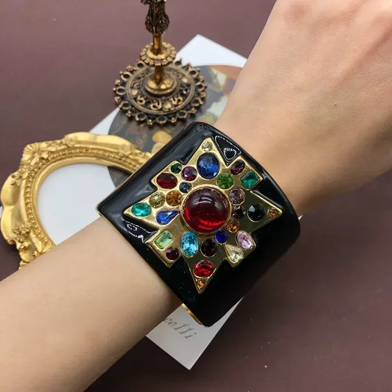 🍒Black enamel bracelet women ruby palace style luxury retro bangles gemstone Jewellery hyperbole fashion accessories for smart casual Put A Tick Buy This Cross