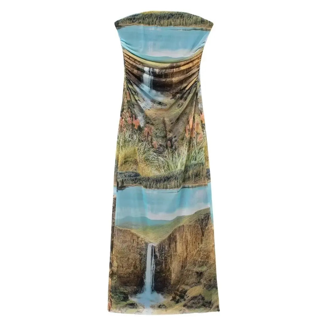 🍒Shoulderless corset dress long printed outfit for women ruched midi summer dress mesh bodycon fill Up On Full flower Fashion