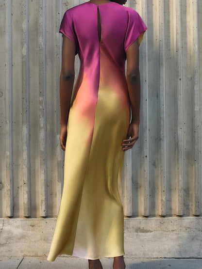 🍒Maxi gradient dress women summer wear elegant short sleeve satin outfit fashion slim fit high street clothing for occasion evening wear party wear Eat Summer Ice cream In Your Ice cream Summer