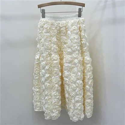 🍒3D flower skirt versatile flower mid-calf a-line fashion wear for women high waist big swing feminine outfit occasion wear party wear chic floral high waist a-line sweet solid colour clothing Pick This Rose And Put It In Your Basket