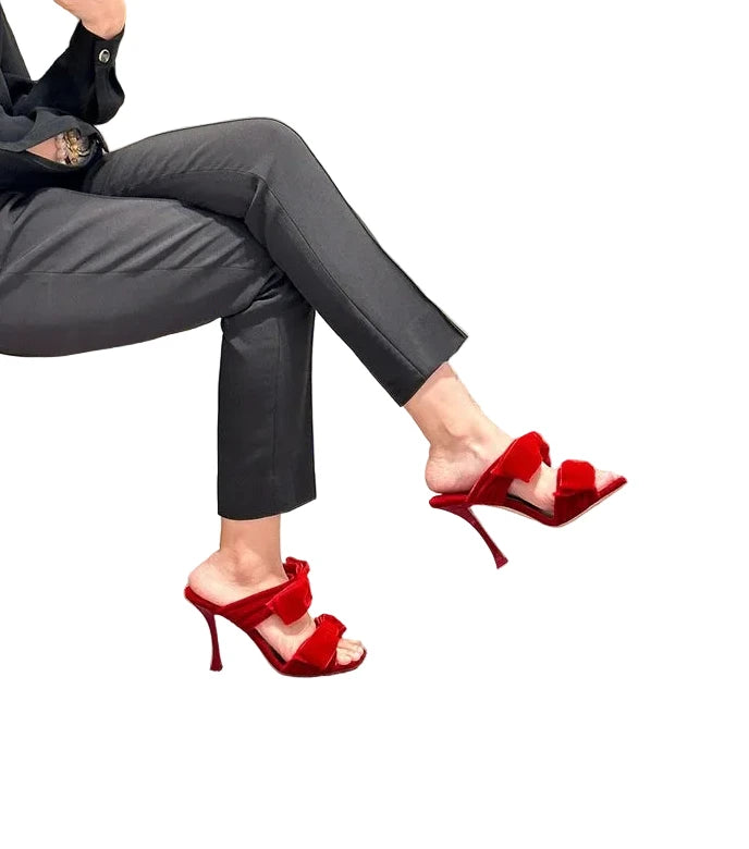🍒Bow high heel sandals women's open shoes with square toe fashion smart casual footwear party occasion slippers sugar pink velvet pile sandals open toe Stiletto evening heels Bring Out Yor Best Bows