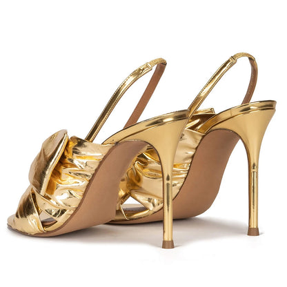 🍒Metalic bow shiny gold shoes occasion stilettoe sandals sling back thin high-heeled party wear                      🍒        High wedge platform shoe sling back open toe sandal with front bow  Gonna Get Golden Oldie Golds