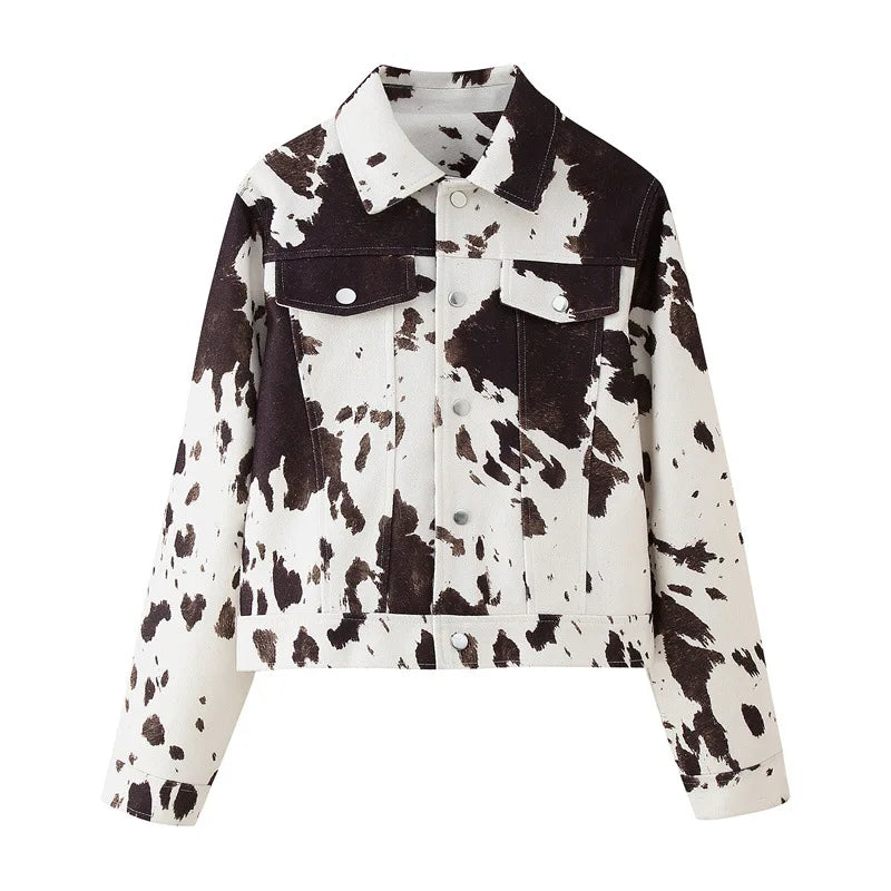 🍒Women's cow print Jacket with lapel collar short zipper coat for smart casual female outerwear  Warm    Milk (it) A Cow