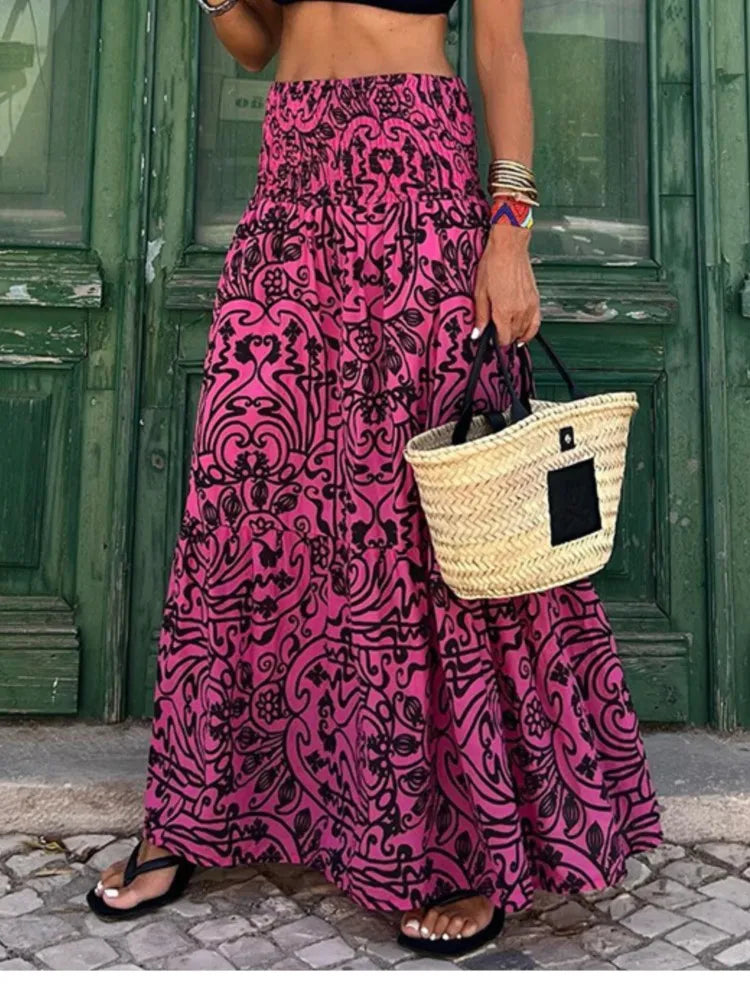 🍒Printed summer skirt boho summer fashions casual wear clothing beach party clothes loose a-line travel skirt elegant bohemian style wear Peacock In Pretty Pinks