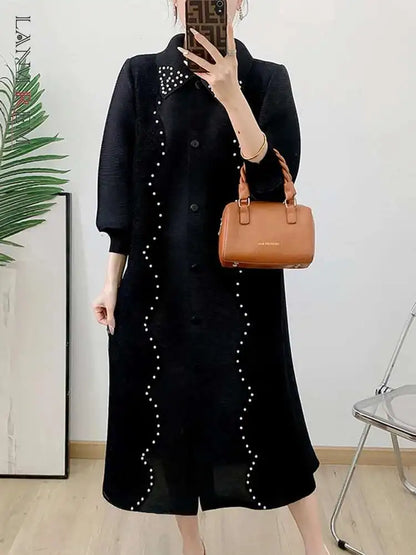 🍒Pleated dress for women spring  high-end occasion wear lapel coat outfit loose beaded long sleeve maxi elastic female fashion 6R5109