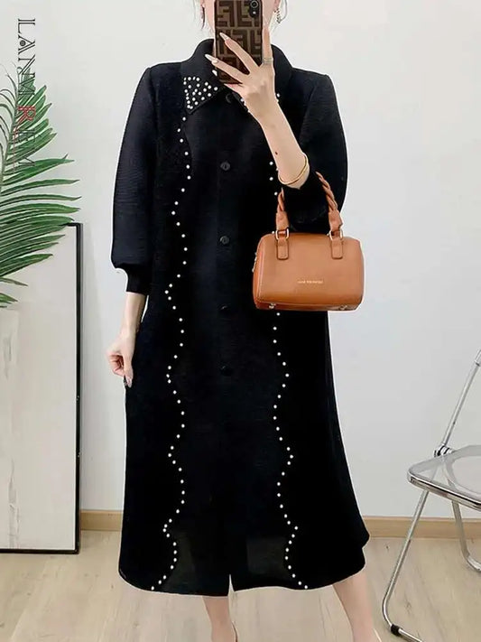 🍒Pleated dress for women spring  high-end occasion wear lapel coat outfit loose beaded long sleeve maxi elastic female fashion 6R5109