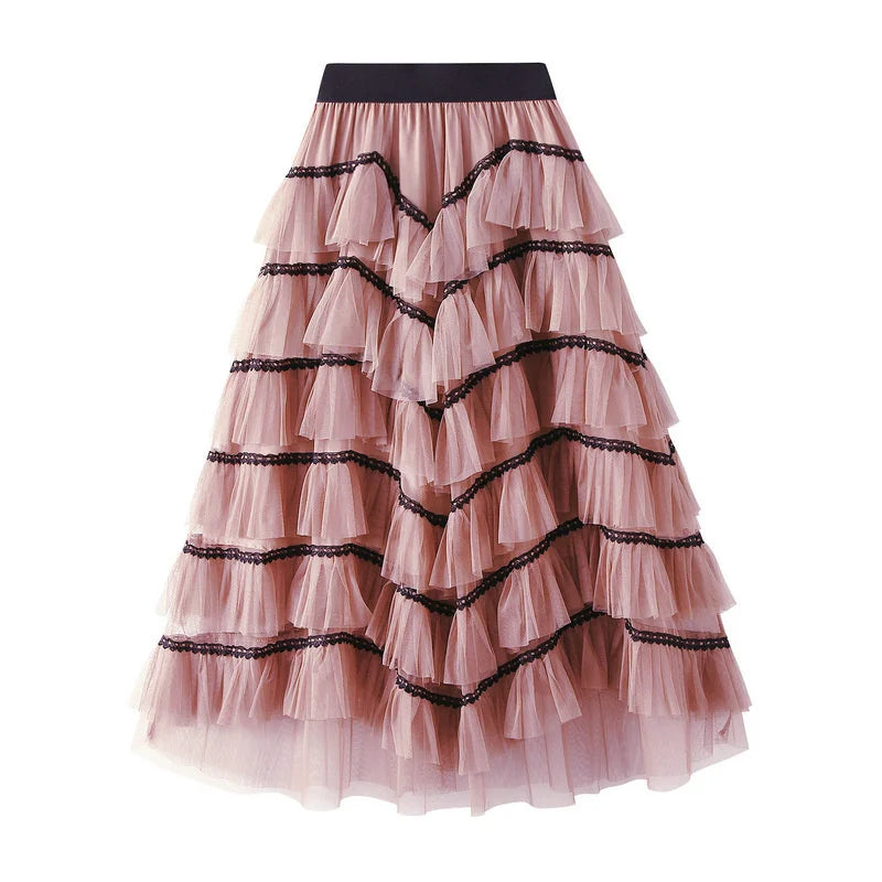 🍒Mesh cake skirt elasticated waist summer fashion midi long skirts for women female smart casual clothes princess skirts for adults occasion party wear Teirs Of Fashion Passion