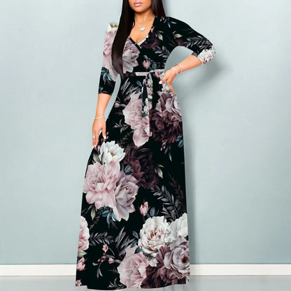 🍒Womens plus size maxi dresses boho print 3/4 sleeves outfit for smart casual beachwear party clothes swing style with belt Girl Power Flower