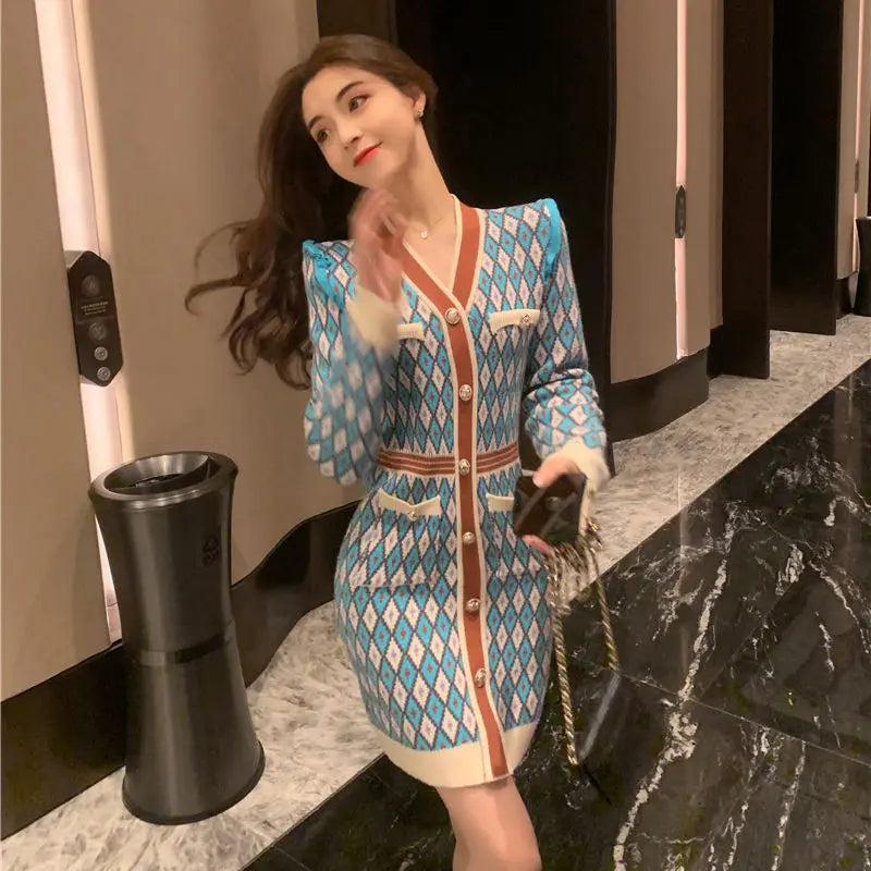 🍒Knitted dress for women v- neck autumn winter fashion french style clothing smart casual female outfit women diamond checkered clothing Playout Plaids