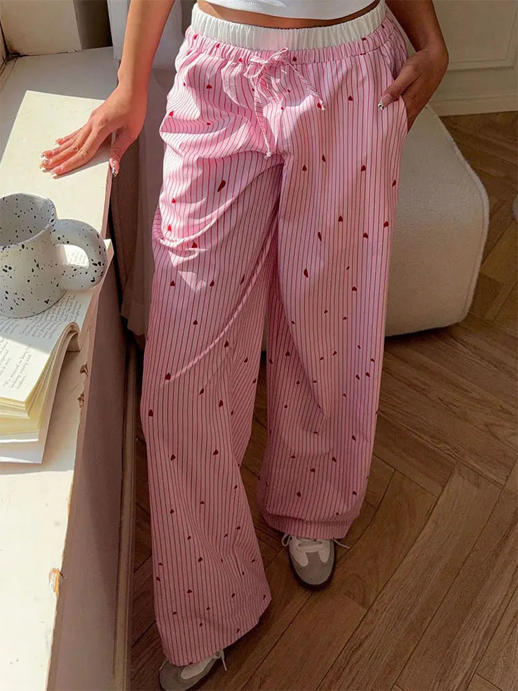🍒Women's striped summer trousers streetwear fashion love heart print ladies pants tie waist casual trousers pink sweet Female fashion clothing Cool Out In Cotton candy