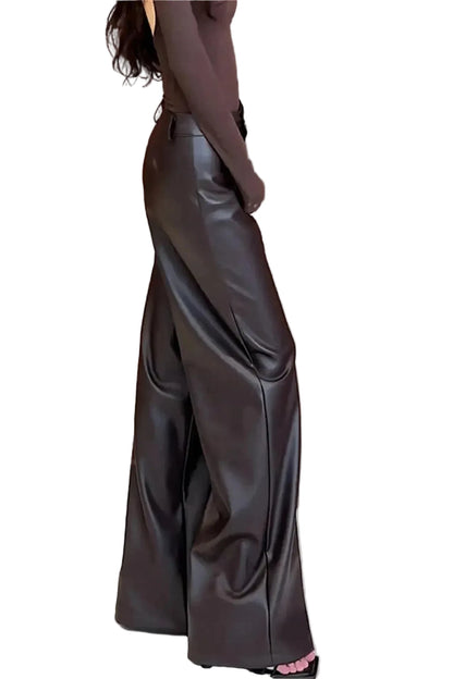 🍒High waist pu leather pants deep brown smart casual women floor length boot cut leather trousers occasion party wear clothing CUT out the chase for a BOOT boost