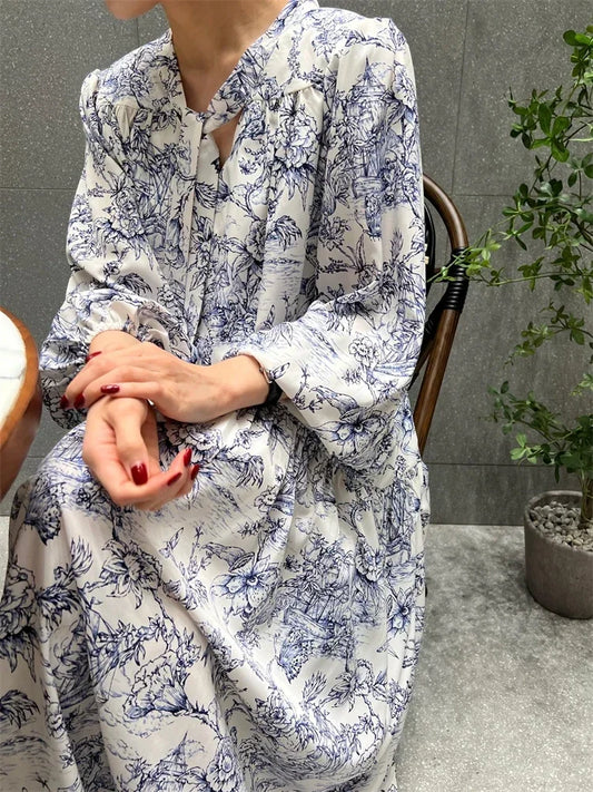 🍒Winter sundress long sleeve puff maxi outfit vintage dress smart casual daywear partywear office clothes Ink This One In